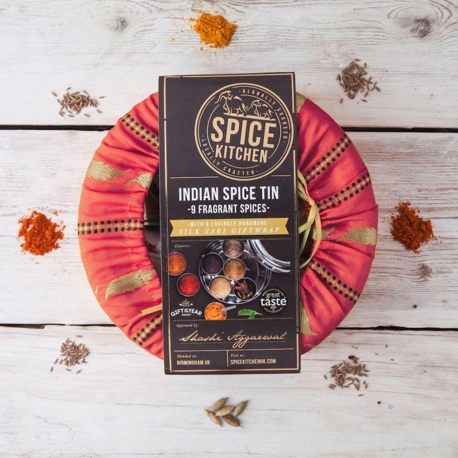 Indian Spice Tin with 9 Spices and Silk Sari Wrap